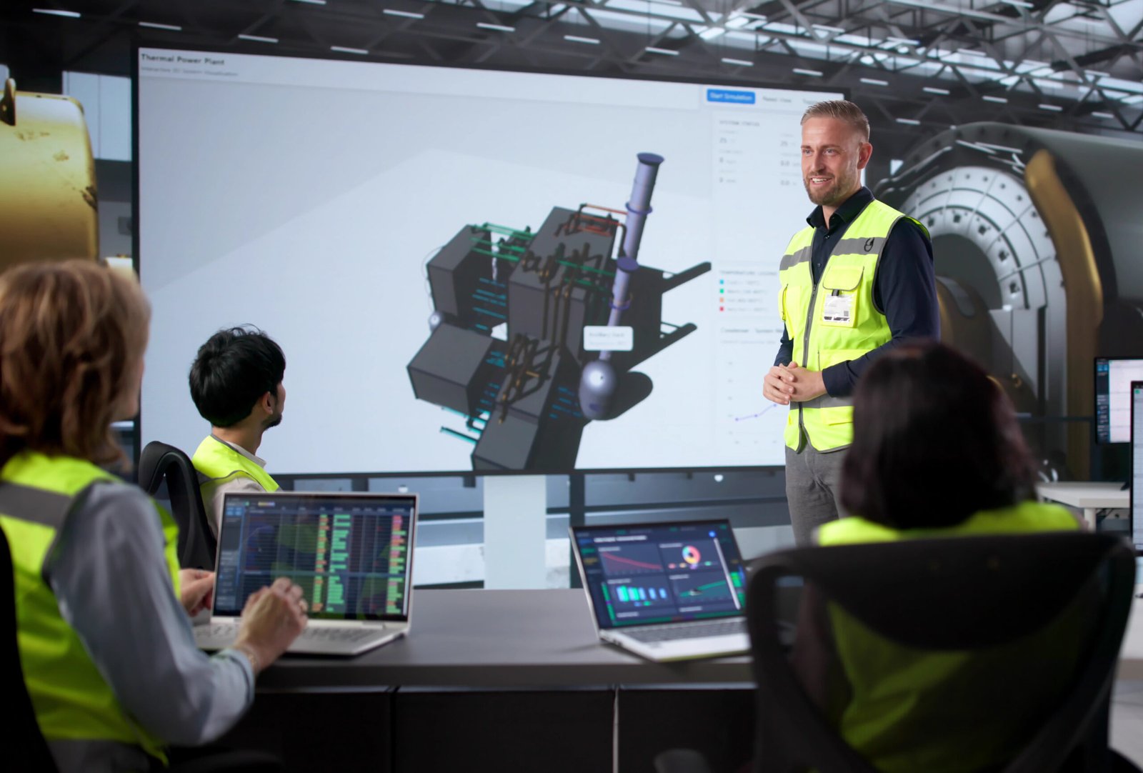 Engineer Supervises Diverse Team At Gas Power Plant Construction Site.