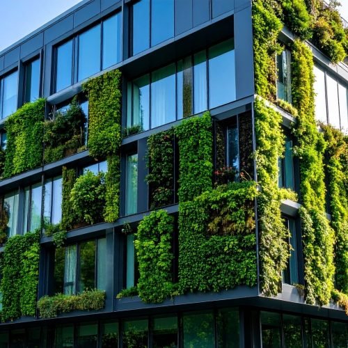 Modern eco-friendly office building with a lush vertical garden on its facade. Sustainable architecture concept with a living green wall, glass windows, and a clear blue sky.