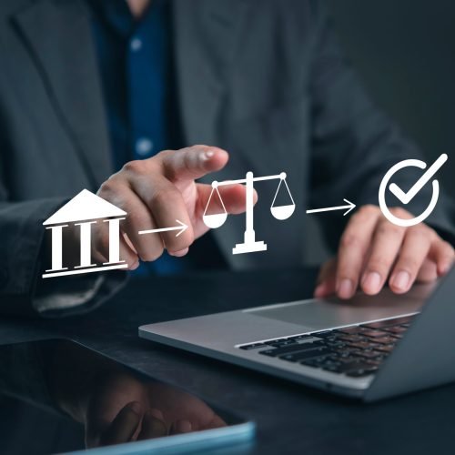 Compliance, audit manager taps a laptop flow from institution to law to checkmark, tracking regulation, approval, governance, policy, legal risk, security, and workflow. concept accountability.